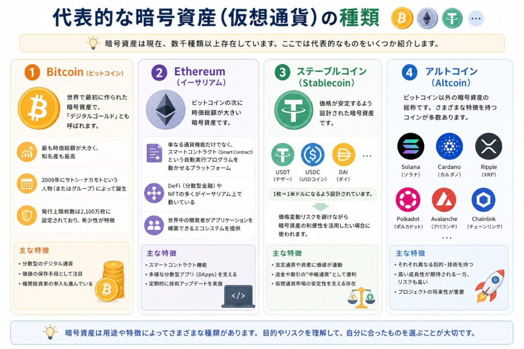 代表的な暗号資産（仮想通貨）の種類