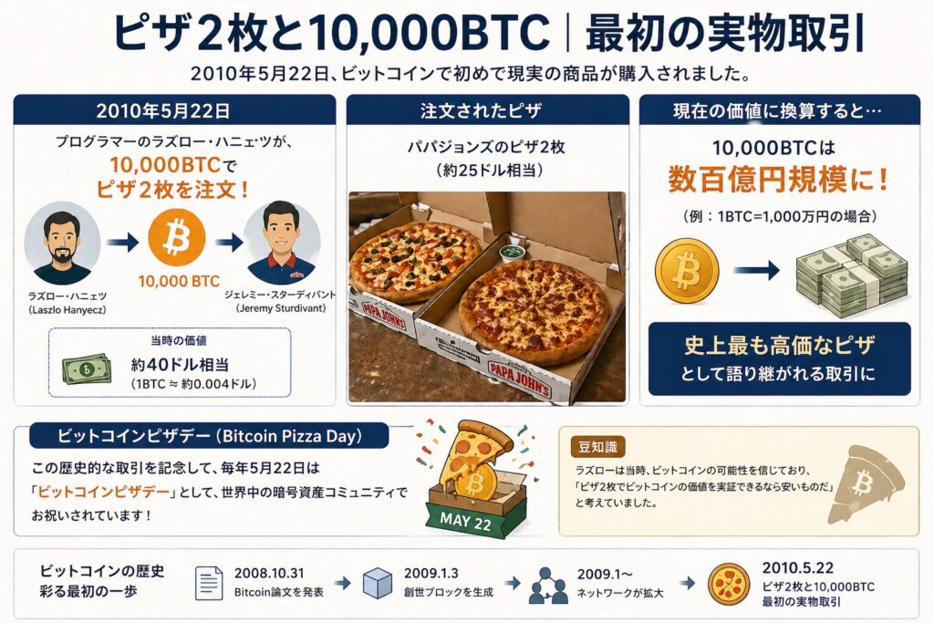 ピザ2枚と10,000BTC｜最初の実物取引